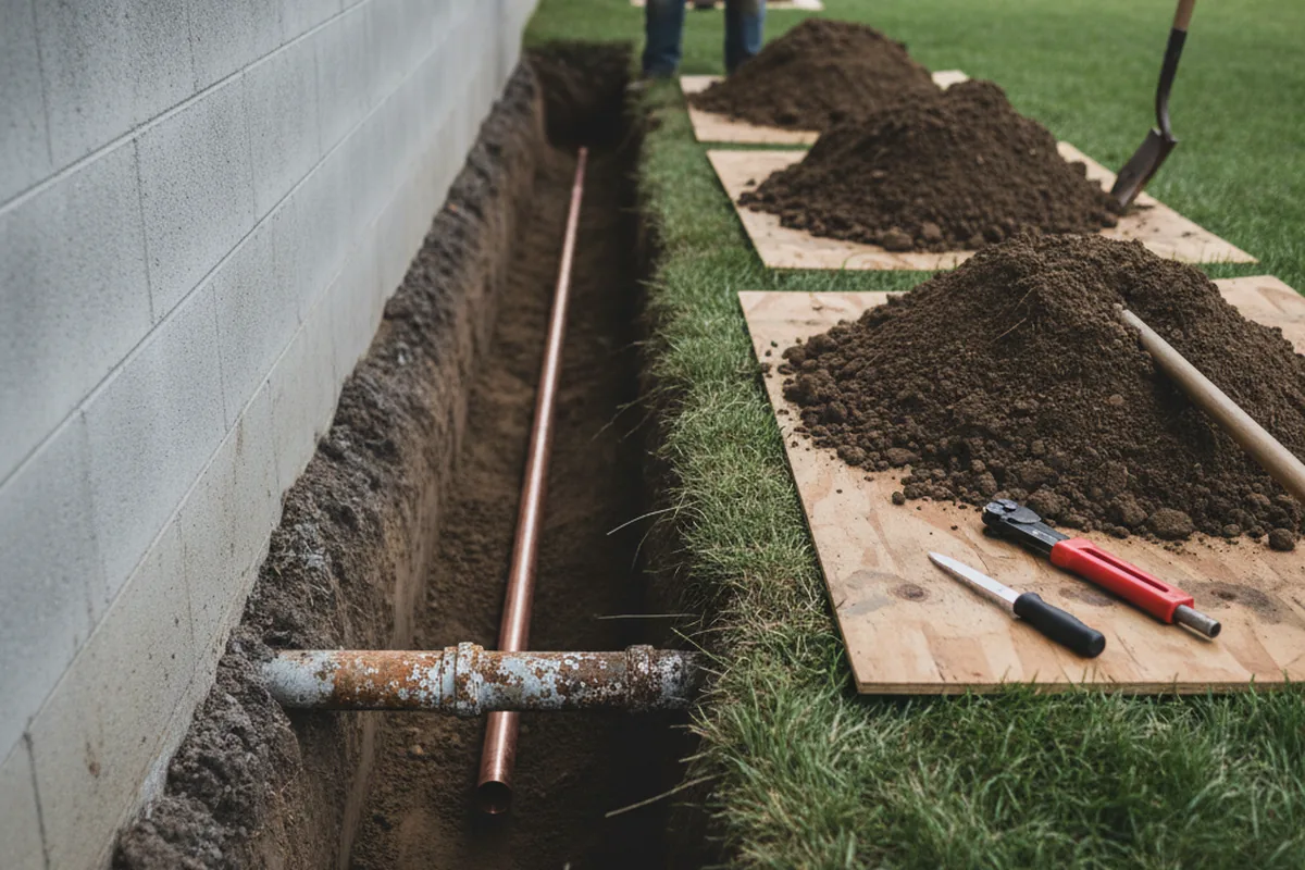 Excavated water line trench during Water Softener Installation in Island Park